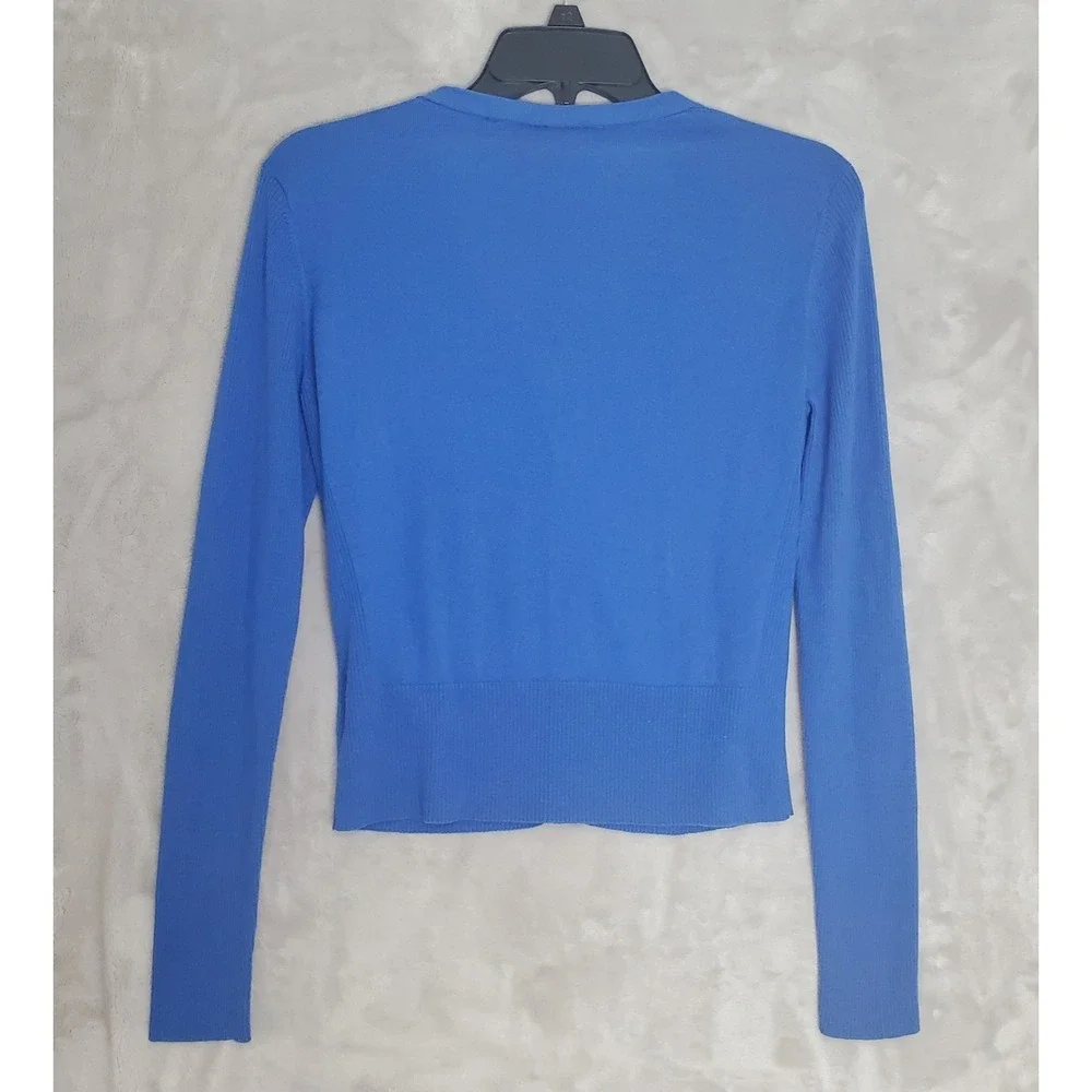 Tory Burch Sweater Womens M Blue Silk Cashmere V Neck Button Up Cropped Cardigan